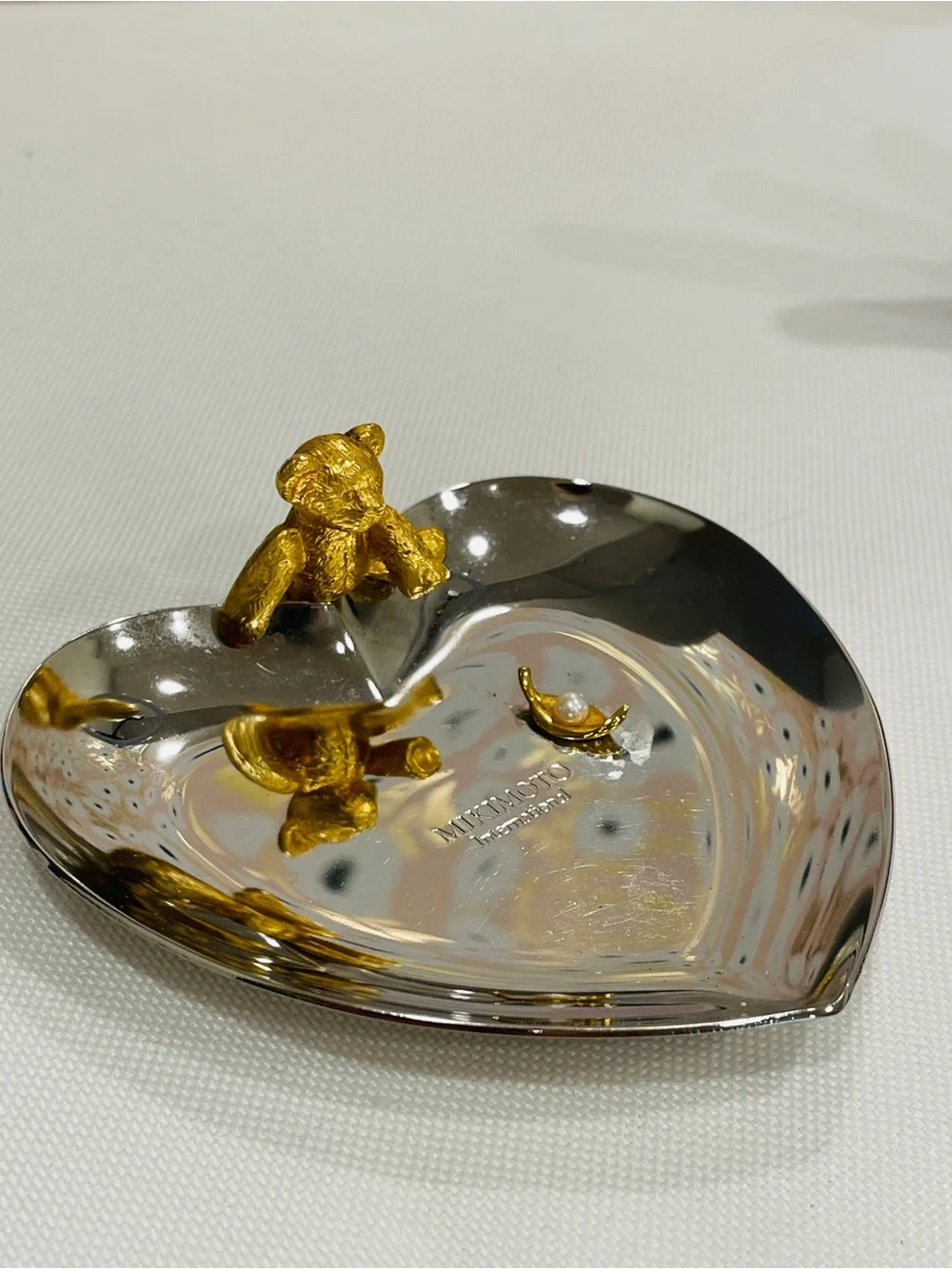 Mikimoto Silver Plated Heart Golden Bear with Pearl Jewelry Accessories Tray
